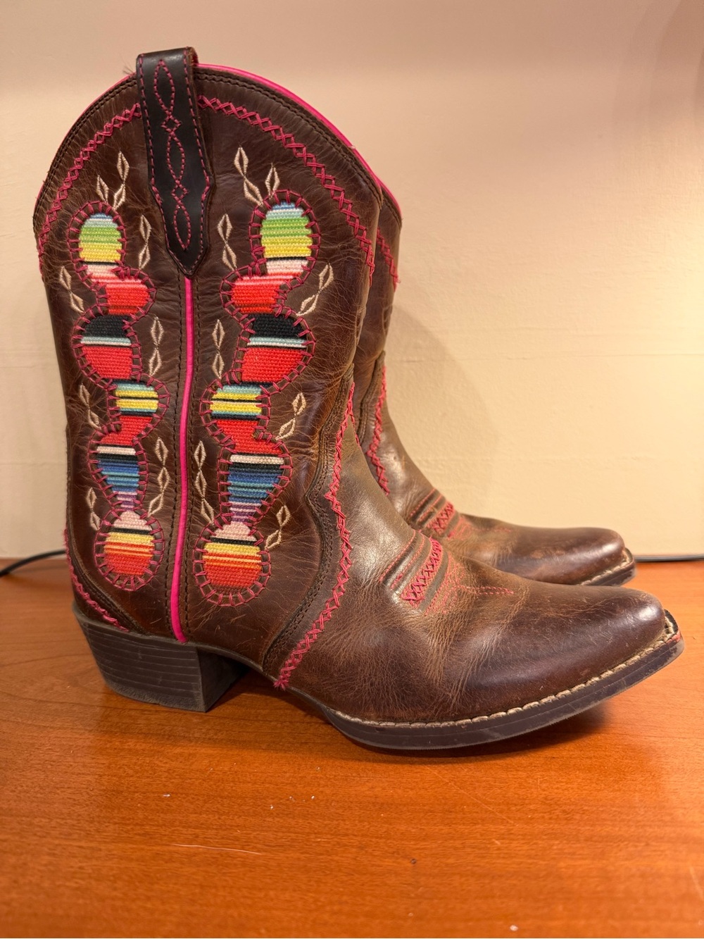 Ariat Girls Brown Leather Western Boots with Multicolor Embroidery